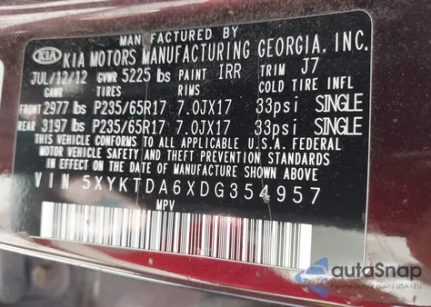 2013 Kia Sorento Lx z USA, uszkodzony, nr VIN 5XYKTDA6XDG354957